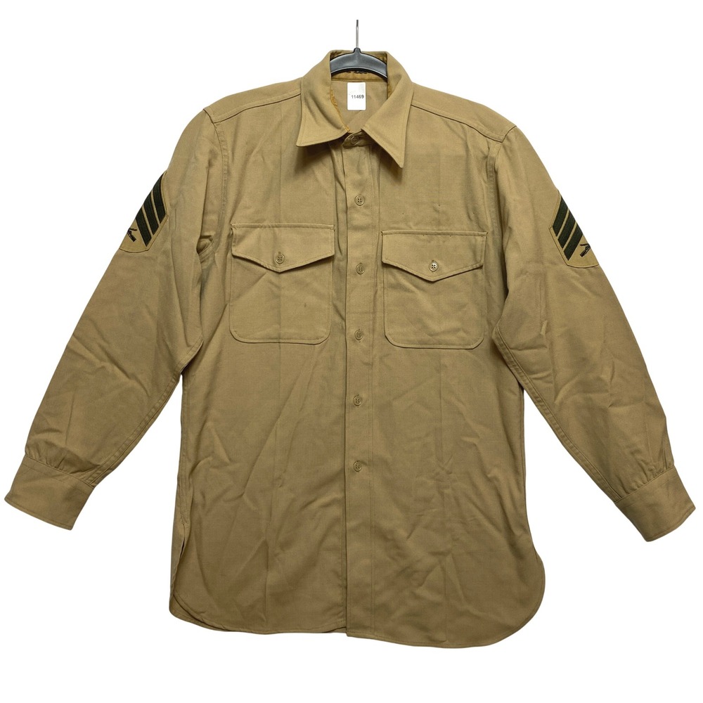 Military USMC Uniform Shirt Mens Medium Tan Khaki Sergeant Chevron Patch Vintage